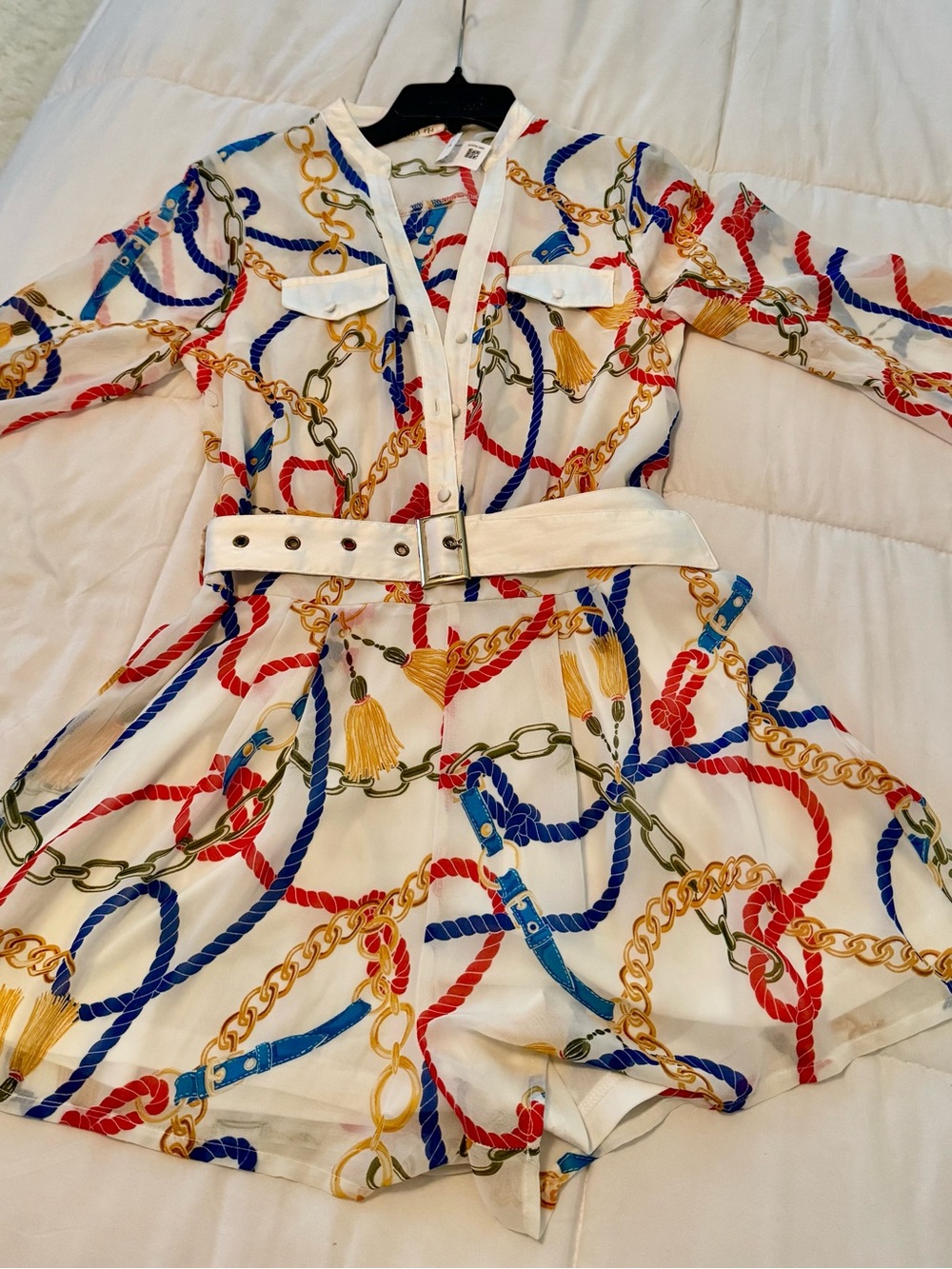 Hot Miami Styles White Shirt Romper with Red, Blue & Gold Chain Print